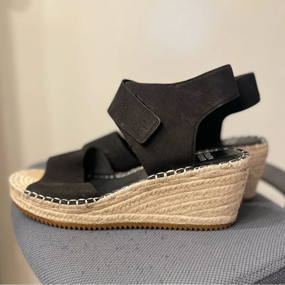 Eileen Fisher Black Wedge Leather Espadrille Sandals with Ankle Strap